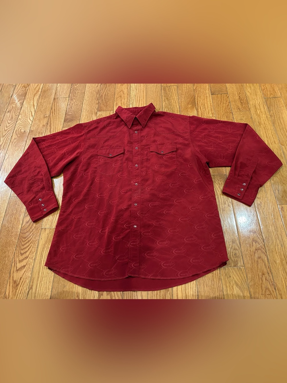 Vintage‎ Wrangler Pearl Snap Western Shirt Mens XL Red Monogram Jacquard Cowboy - Picture 2 of 8